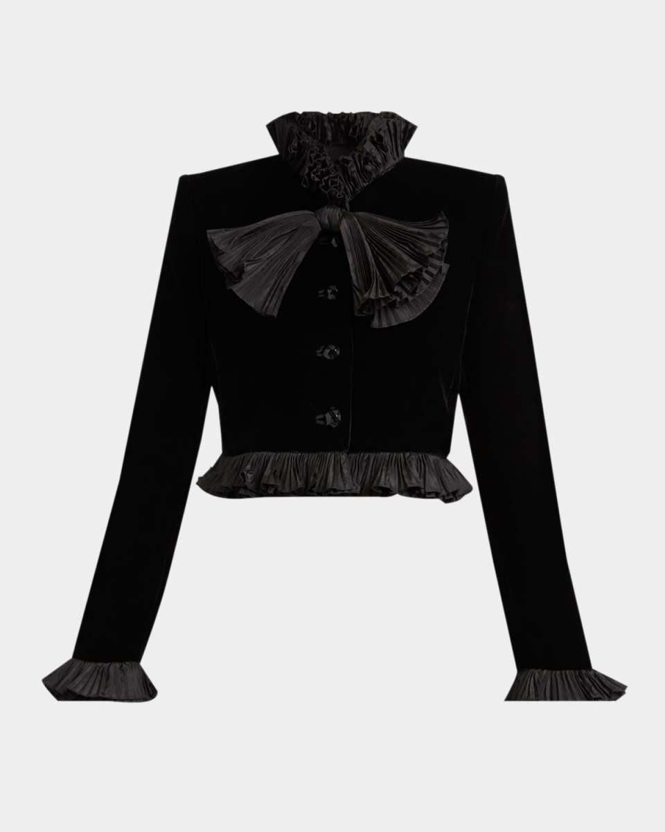 Pleated Ruffle Velvet Crop Jacket